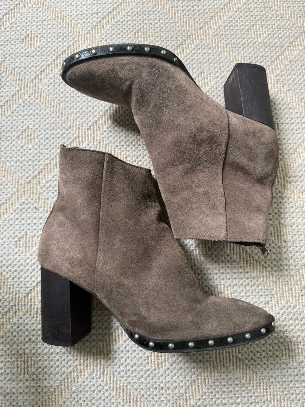 AllSaints Taupe Suede Studded Block Heel Ankle Boots